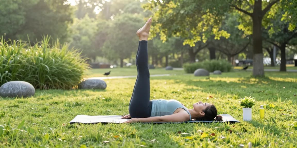 The individual practices yoga outdoors to enhance vitality with NAD supplements.