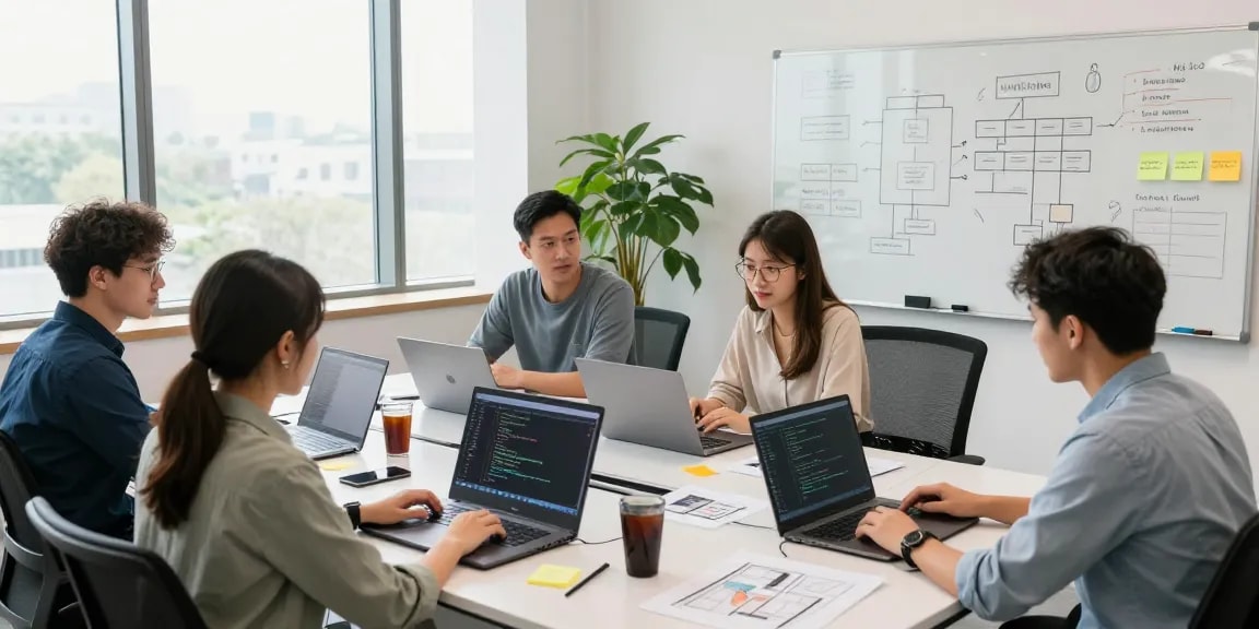 WPS Official Website team collaboration on software projects in a modern office.
