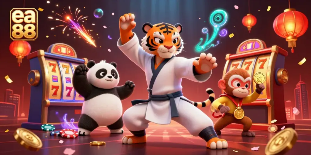 Experience the thriving world of ea 88 casino with tiger master and disciples among vibrant slot reels.