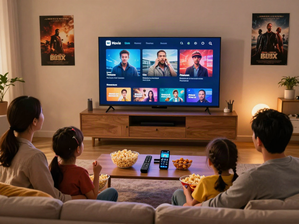 A family enjoying movie night with the Movie Box app on a smart TV, cozy living room atmosphere.