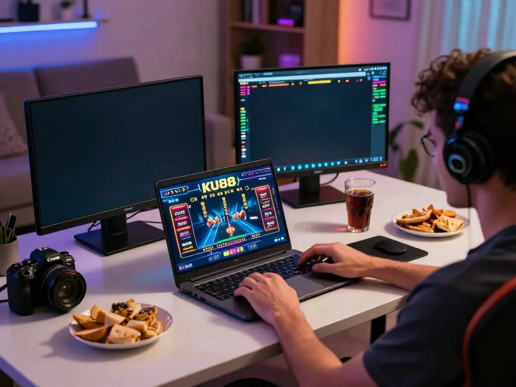 Player enjoying online games on KU88 with vibrant graphics and snacks in view.