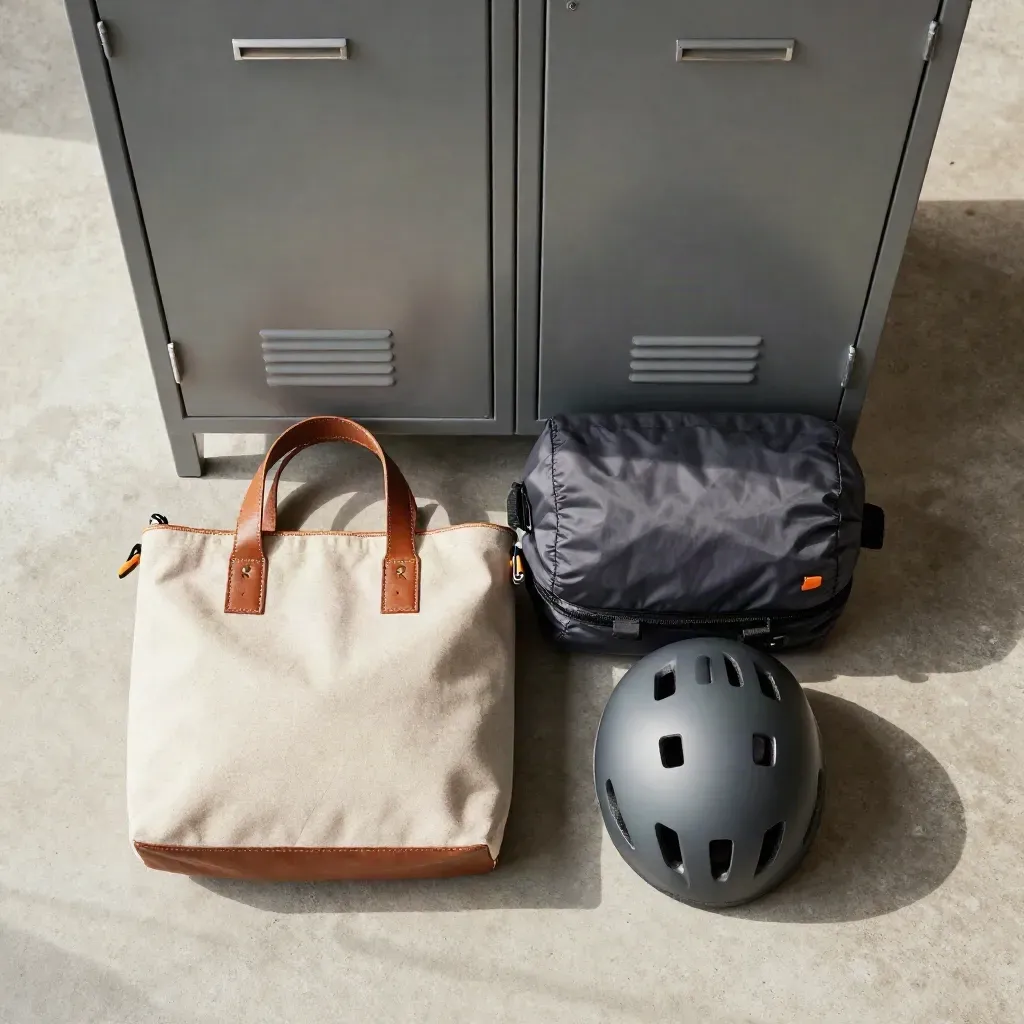 Overhead flatlay of a locker face, tote, ski bag and helmet on pale concrete.