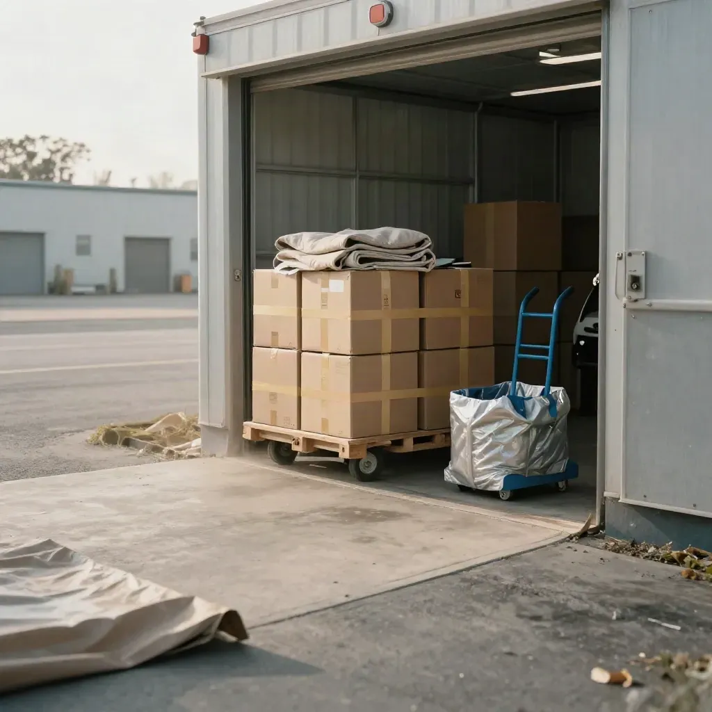 Open storage bay with boxes, dolly, blanket and tarp-wrapped tote on a concrete lane.