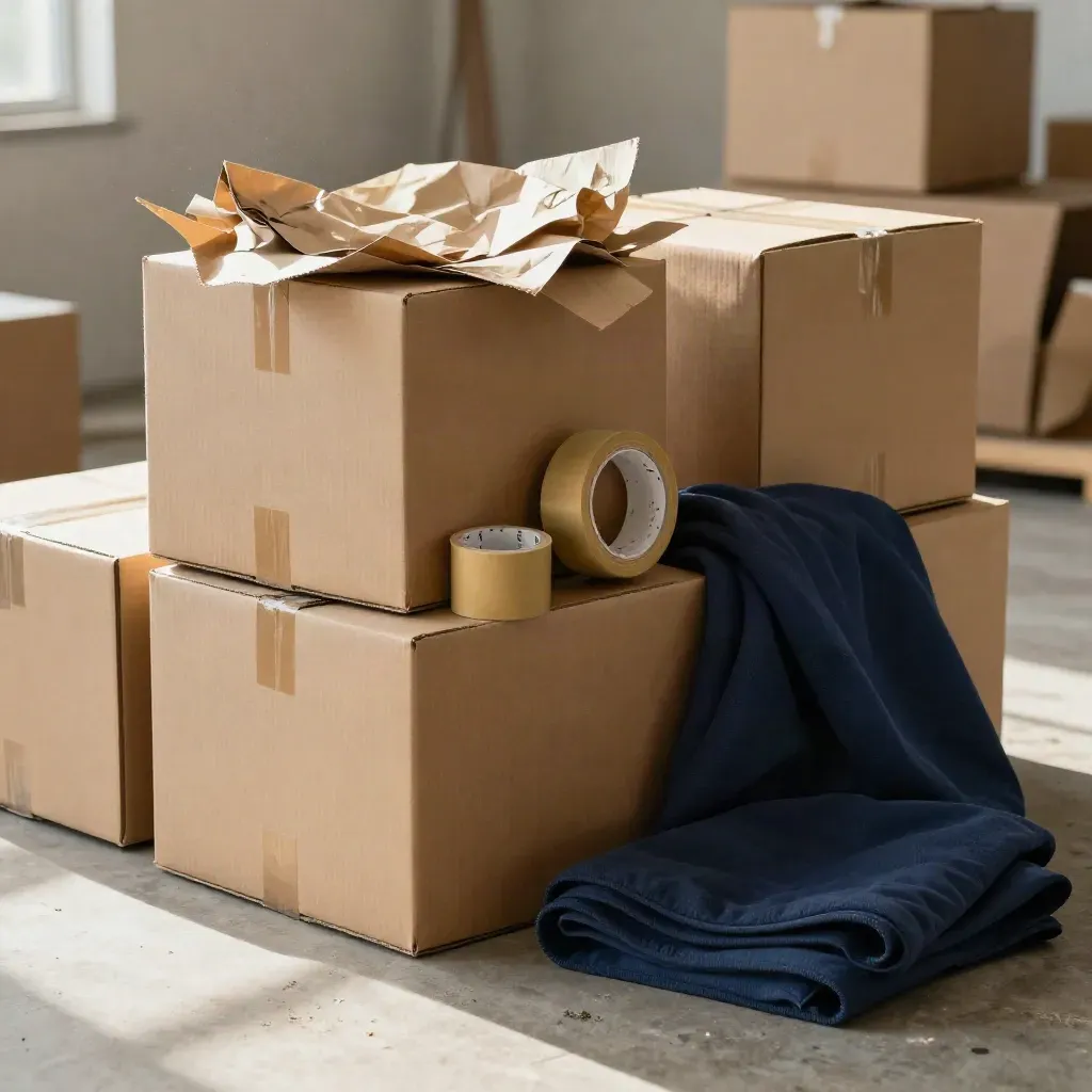 Stacked moving boxes with packing paper, tape rolls and a navy blanket on concrete.