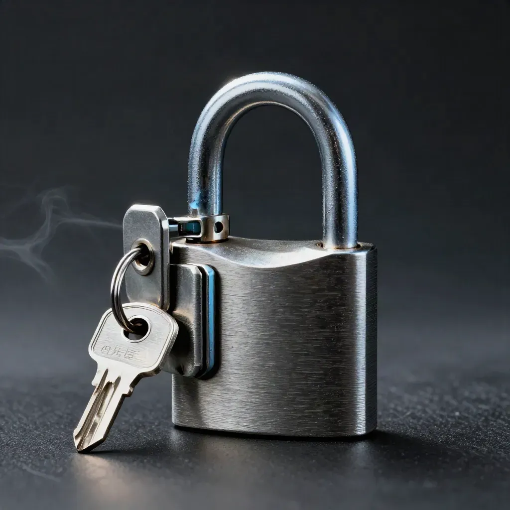 Steel heavy-duty lock snapping onto a unit hasp beside a key ring in a dark studio.