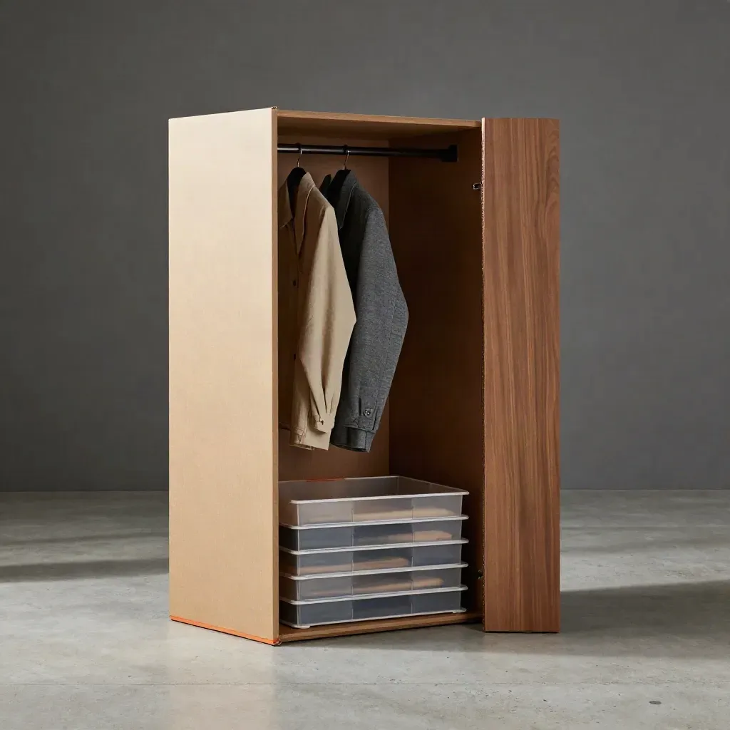 Wardrobe box set with hanging rod insert and garment covers on concrete.