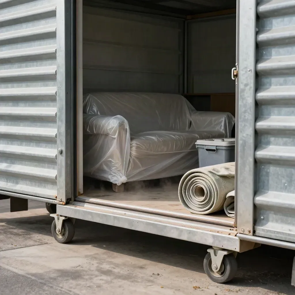 Open storage unit with dolly, wrapped couch, bins and tarp roll in misty daylight.
