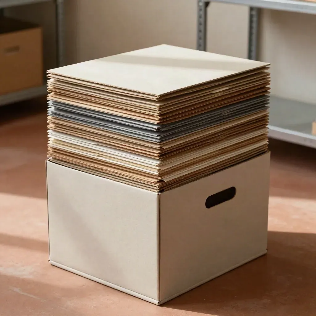 Archive cartons and folders stacked beside a slim tote in a terracotta-toned storage aisle