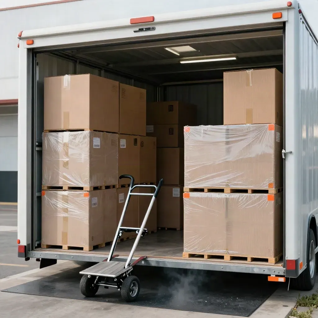 Open storage unit packed with cartons, dolly, and wrapped crates in a dark studio look