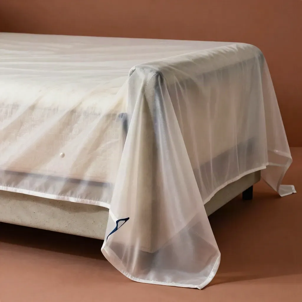 Sheer mattress and sofa covers draped over a mattress edge and sofa arm in soft macro light.