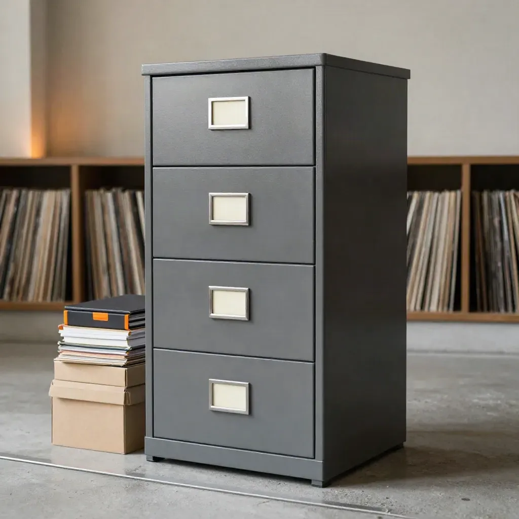 File storage cabinet with archival boxes and folders on concrete