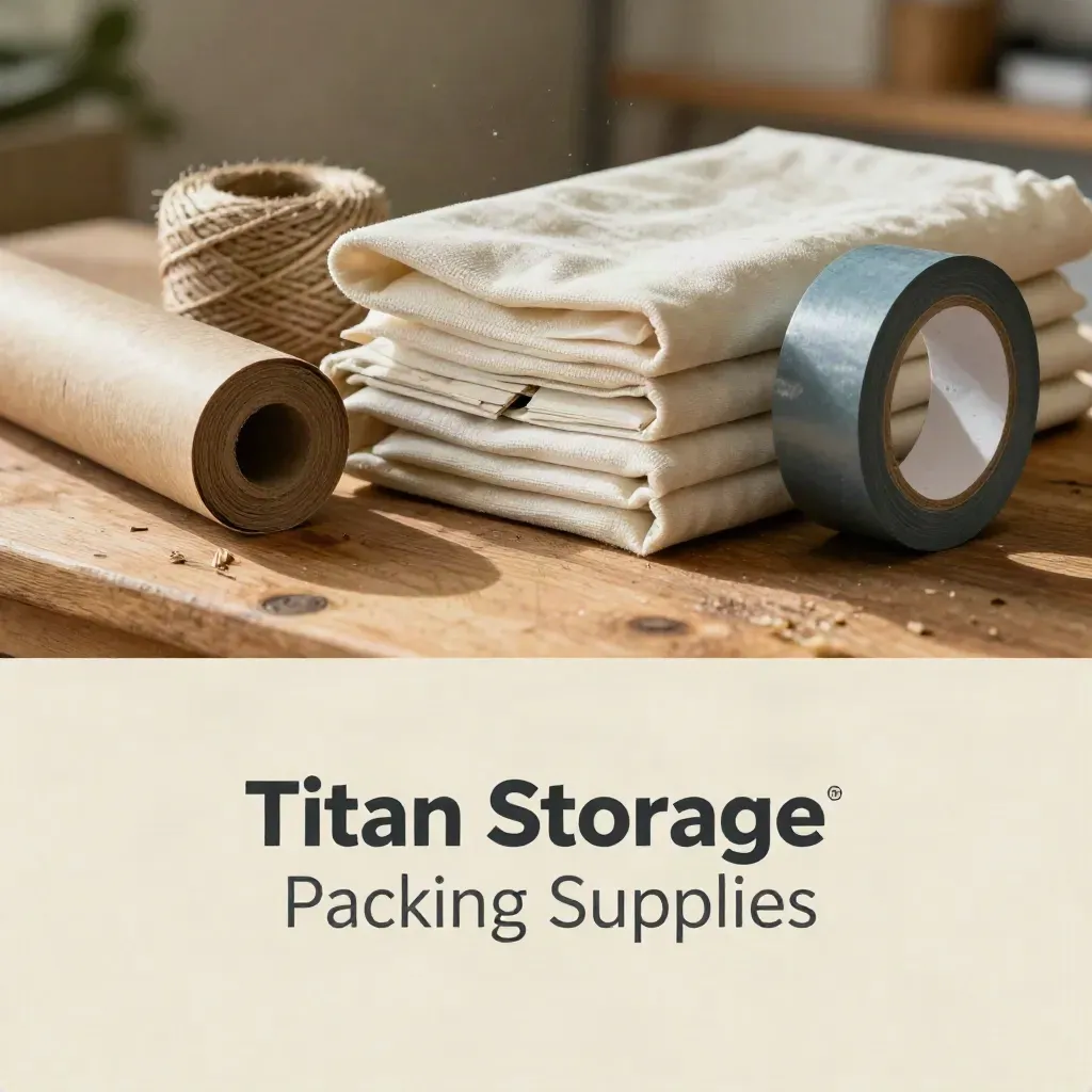 Packing supplies neatly arranged on a warm wooden workbench with soft copy space below.