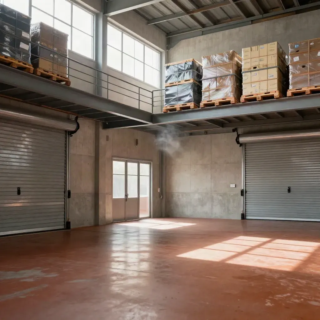 Sunlit industrial storage interior with concrete, steel beams, and calm floor space for copy.