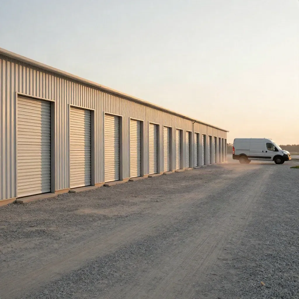 Golden-hour storage bays and a moving van on a quiet gravel lane, with open space below for copy.