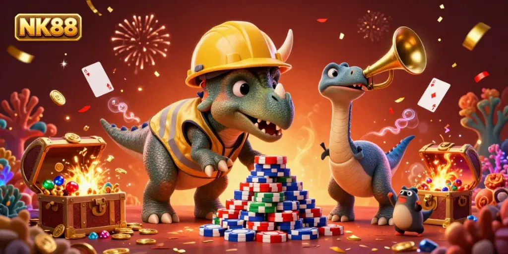 Engage in thrilling casino fun with NK88's cartoon dinosaurs celebrating amidst sparkling treasures and gaming elements.