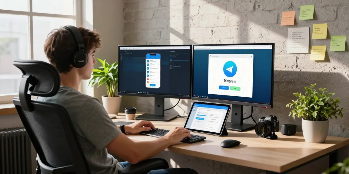 Developer using Telegram Download at a modern workspace with dual monitors.