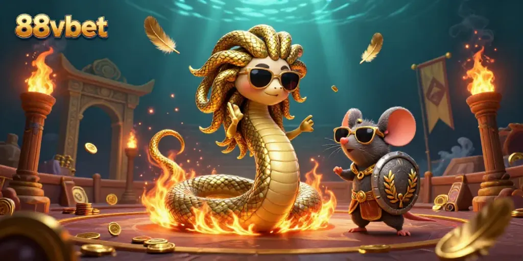 Engage with 88vbet in a vibrant, dynamic 3D gaming scene featuring Medusa and a warrior mouse.