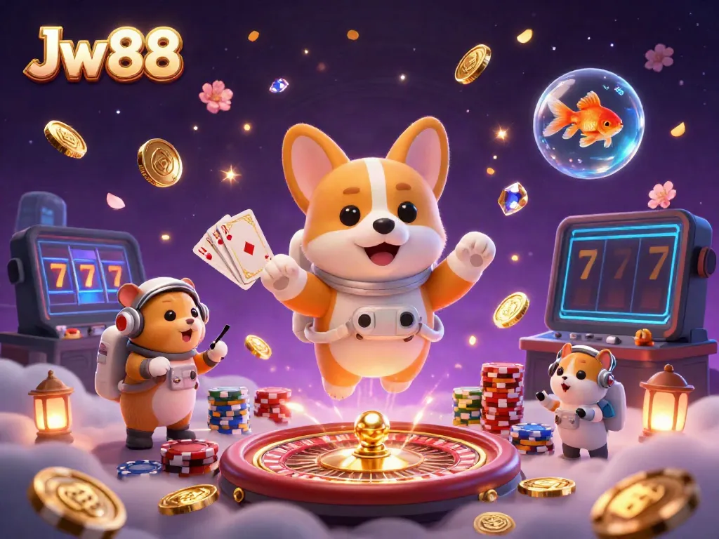 Experience thrilling gambling at Jw 88 with floating poker chips, glowing coins, and a dynamic space station casino.
