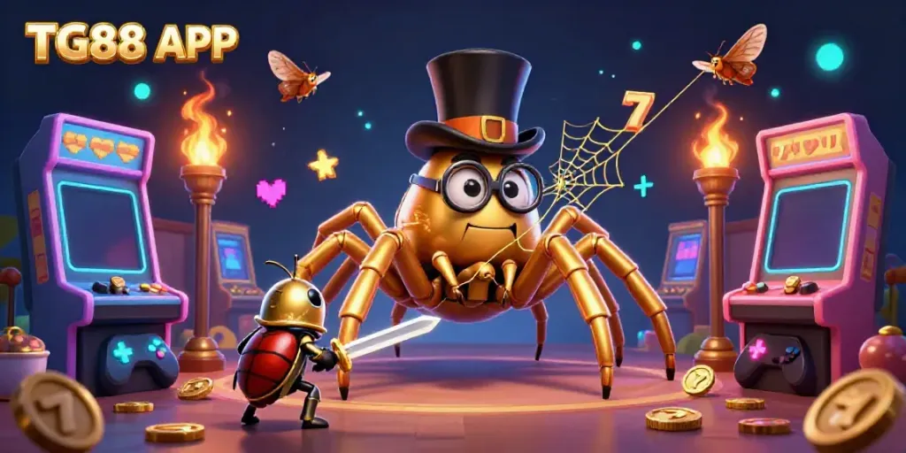 Engage with the TG88 APP through an exciting 3D casino scene featuring a golden tarantula and brave knight.