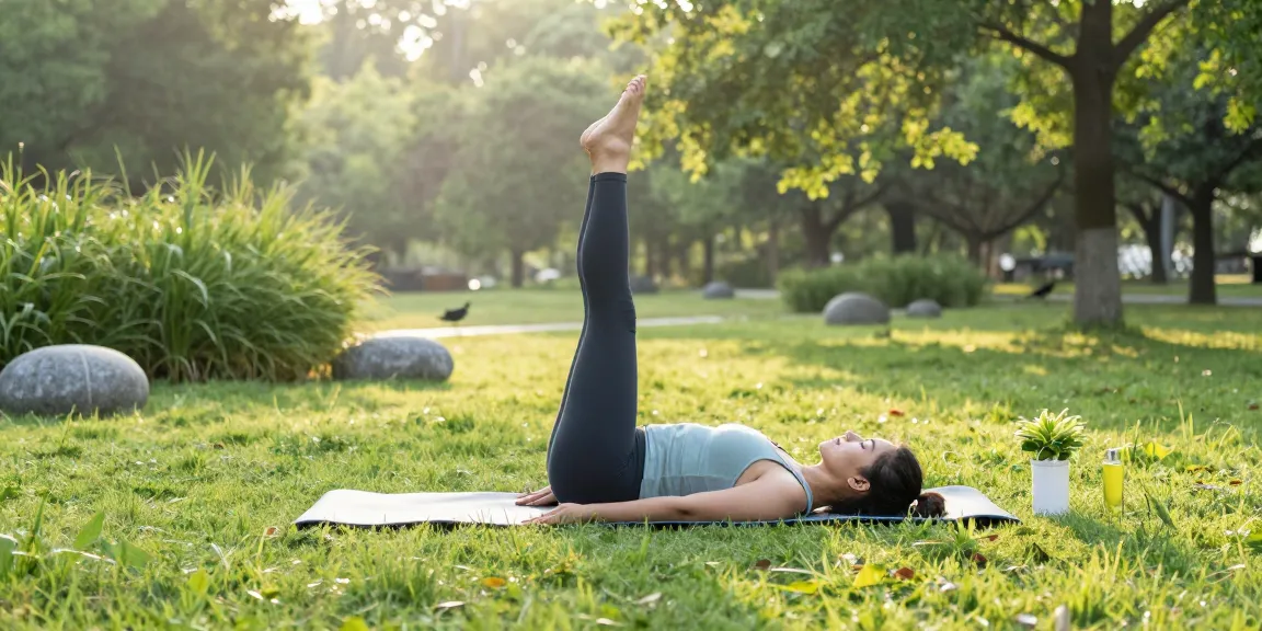The individual practices yoga outdoors to enhance vitality with NAD supplements.
